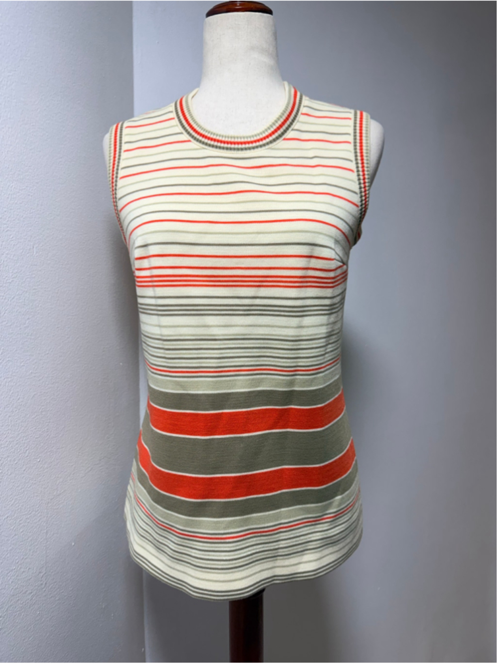 Vintage Women's Striped Tank Top Size S Beige/Orange sleeveless zipper mock nek